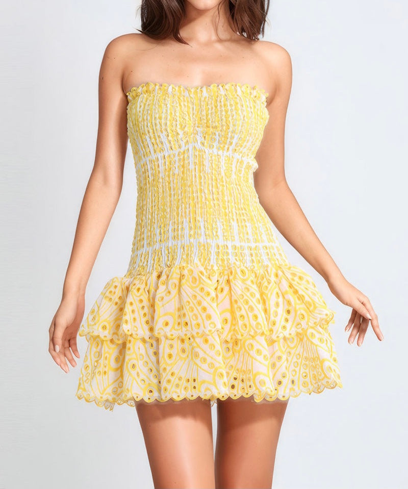 Smocked Eyelet Strapless Tiered Mini Dress