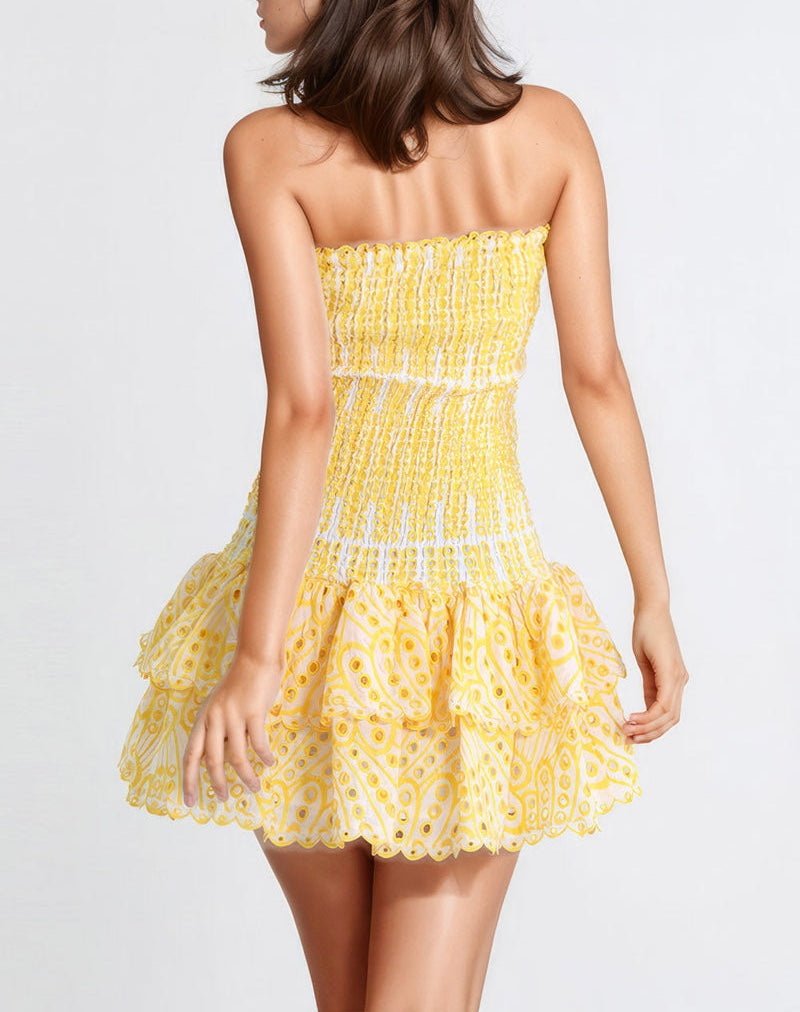 Smocked Eyelet Strapless Tiered Mini Dress