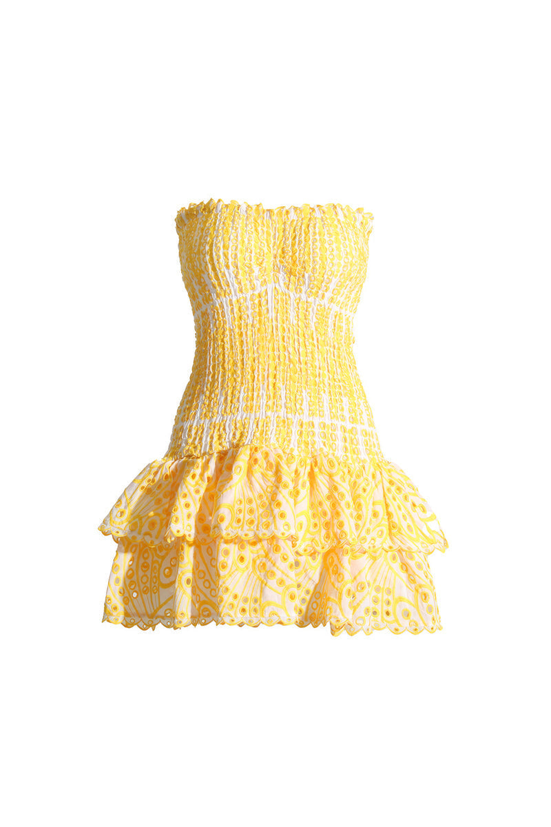 Smocked Eyelet Strapless Tiered Mini Dress