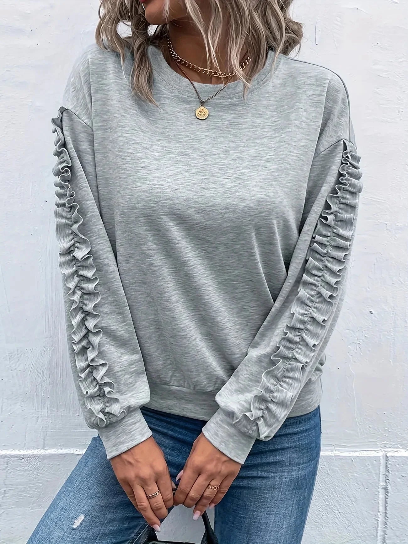 Solid Crew Neck Pleated Casual Sweatshirt