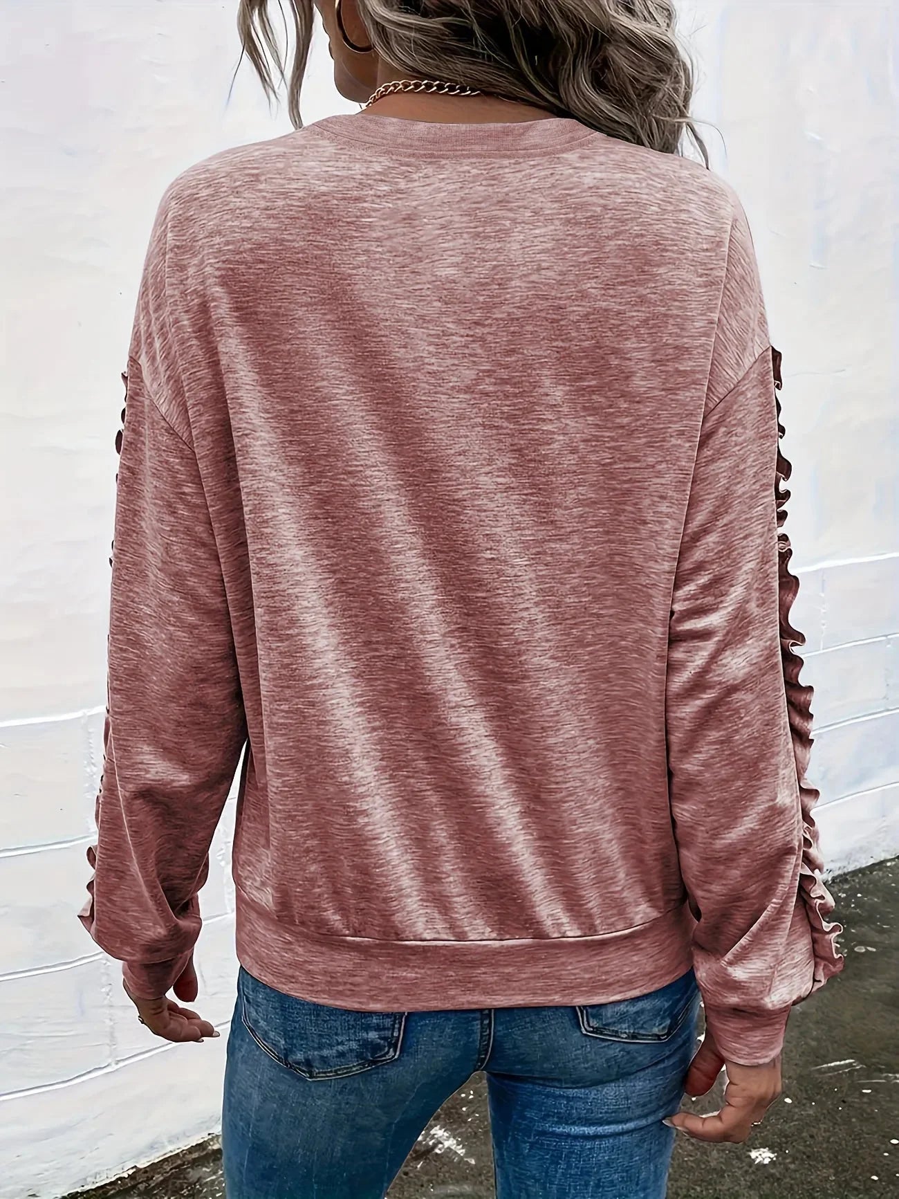 Solid Crew Neck Pleated Casual Sweatshirt