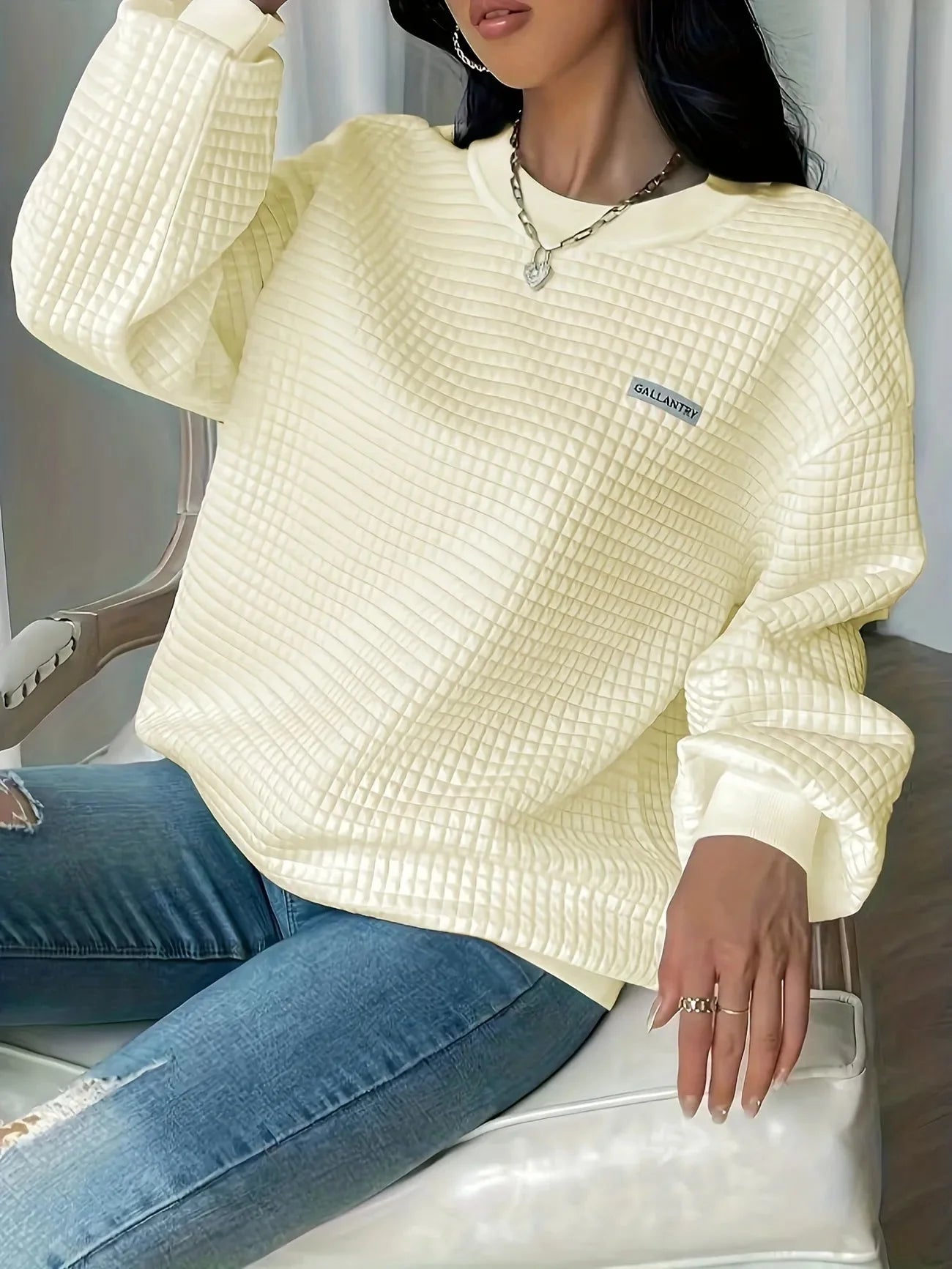 Solid Crew Neck Pleated Casual Sweatshirt