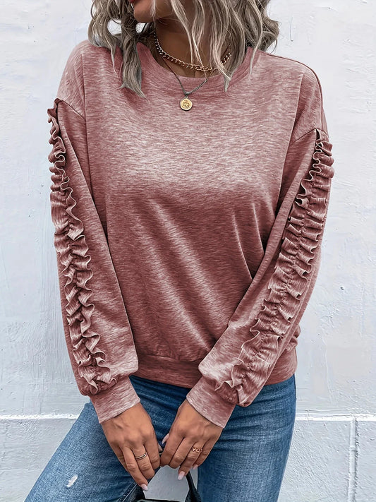 Solid Crew Neck Pleated Casual Sweatshirt