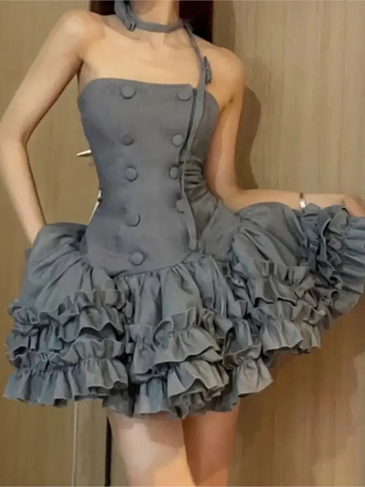 Strapless Double Breasted Ruffle Tiered Mini Dress