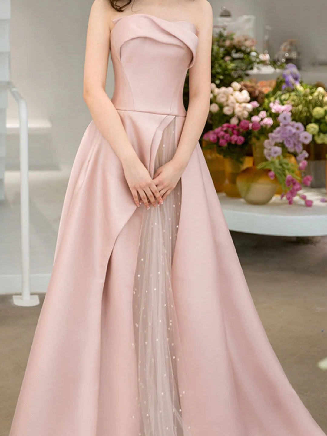 Strapless High Slit Glitter Tulle Maxi Dress