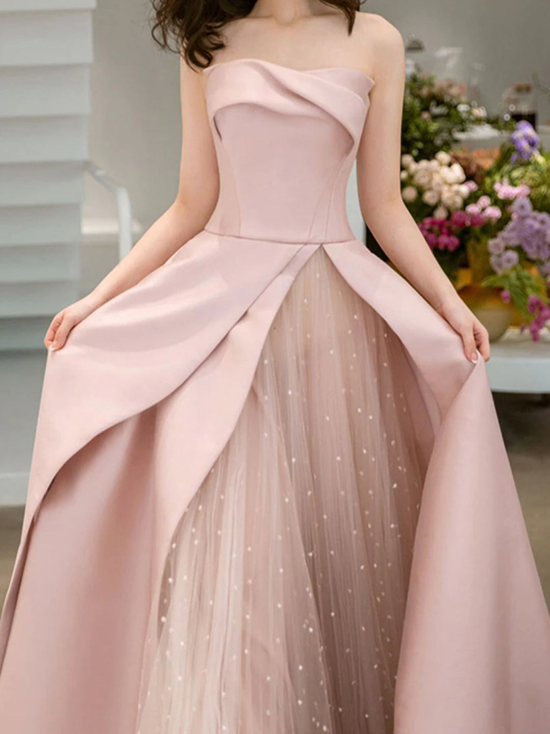 Strapless High Slit Glitter Tulle Maxi Dress