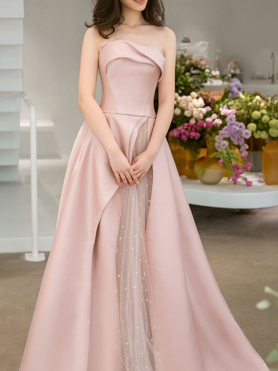 Strapless High Slit Glitter Tulle Maxi Dress