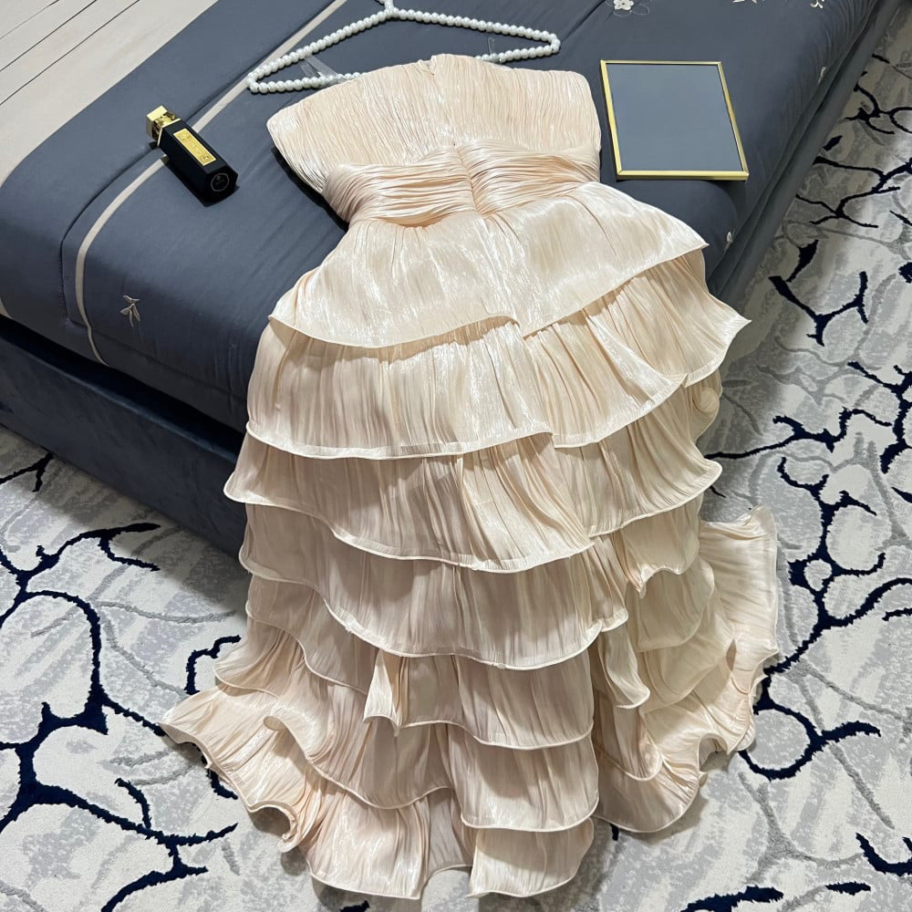 Strapless Wavy Pleated Tiered Midi Dress