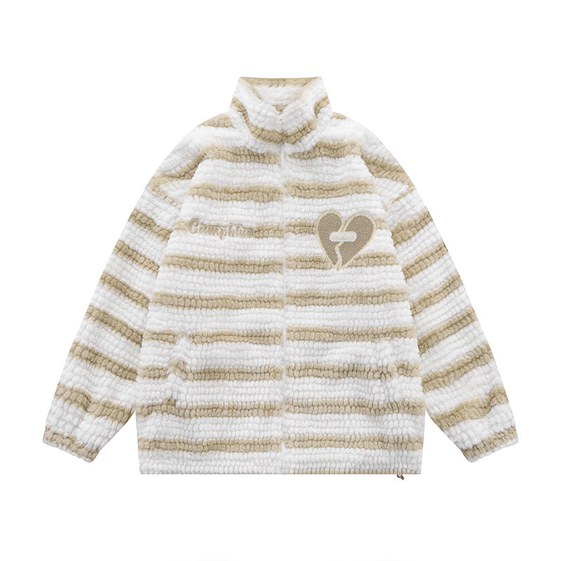 Striped Lamb Wool Stand Collar Jacket