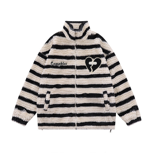 Striped Lamb Wool Stand Collar Jacket