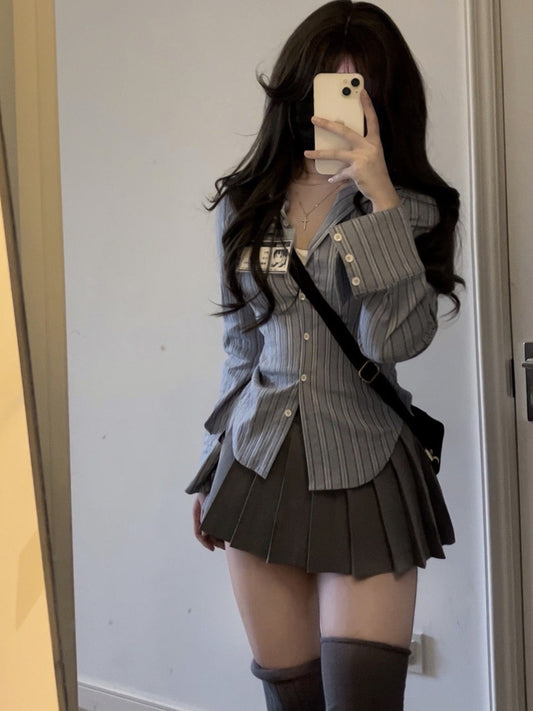 Striped Long Sleeve Shirt & Pleated Mini Skirt Set