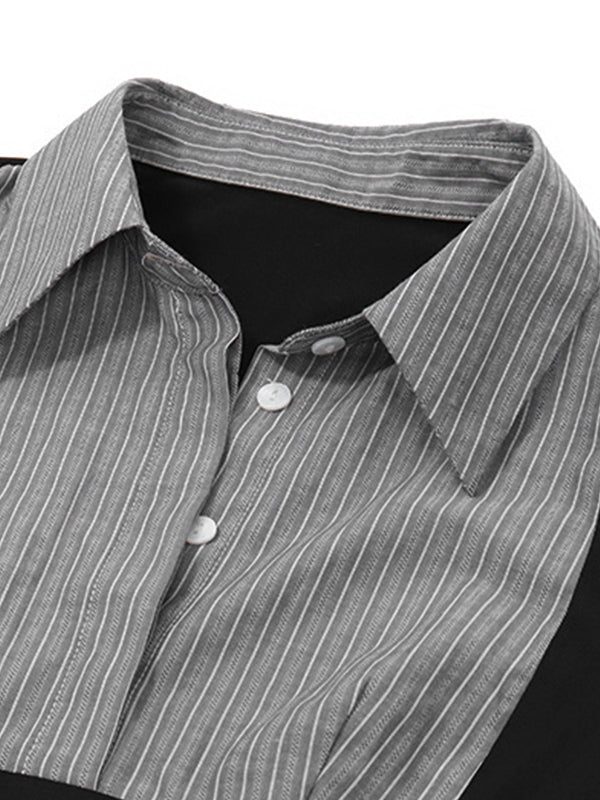 Striped Splicing Polo Collar Shirt