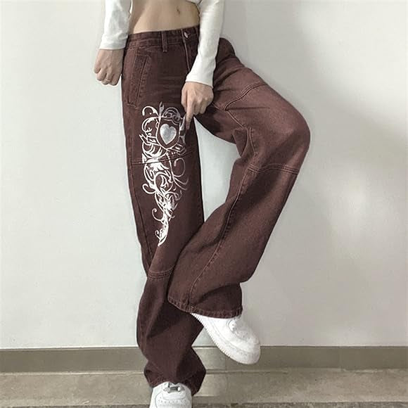 Swirl Heart Print Faded Baggy Jeans