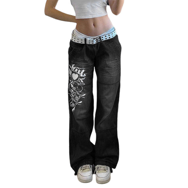 Swirl Heart Print Faded Baggy Jeans