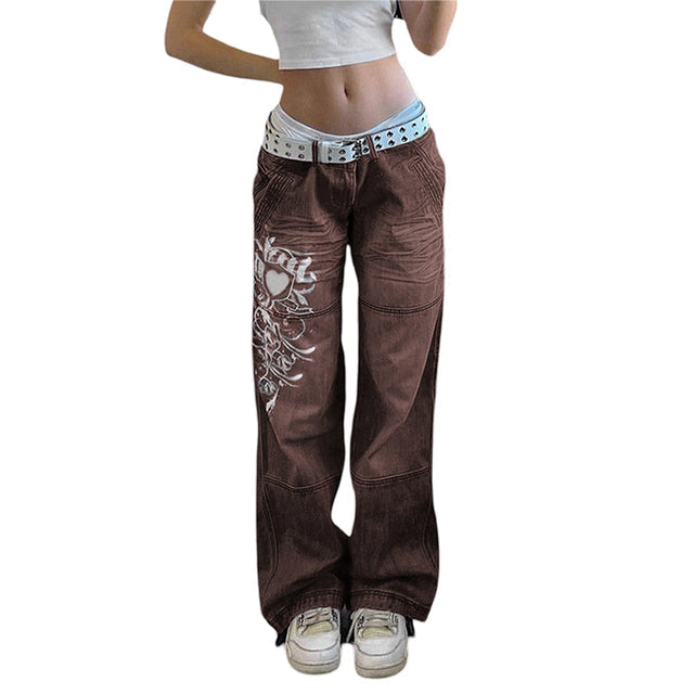 Swirl Heart Print Faded Baggy Jeans