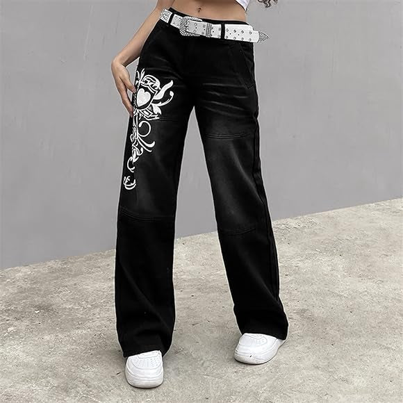 Swirl Heart Print Faded Baggy Jeans