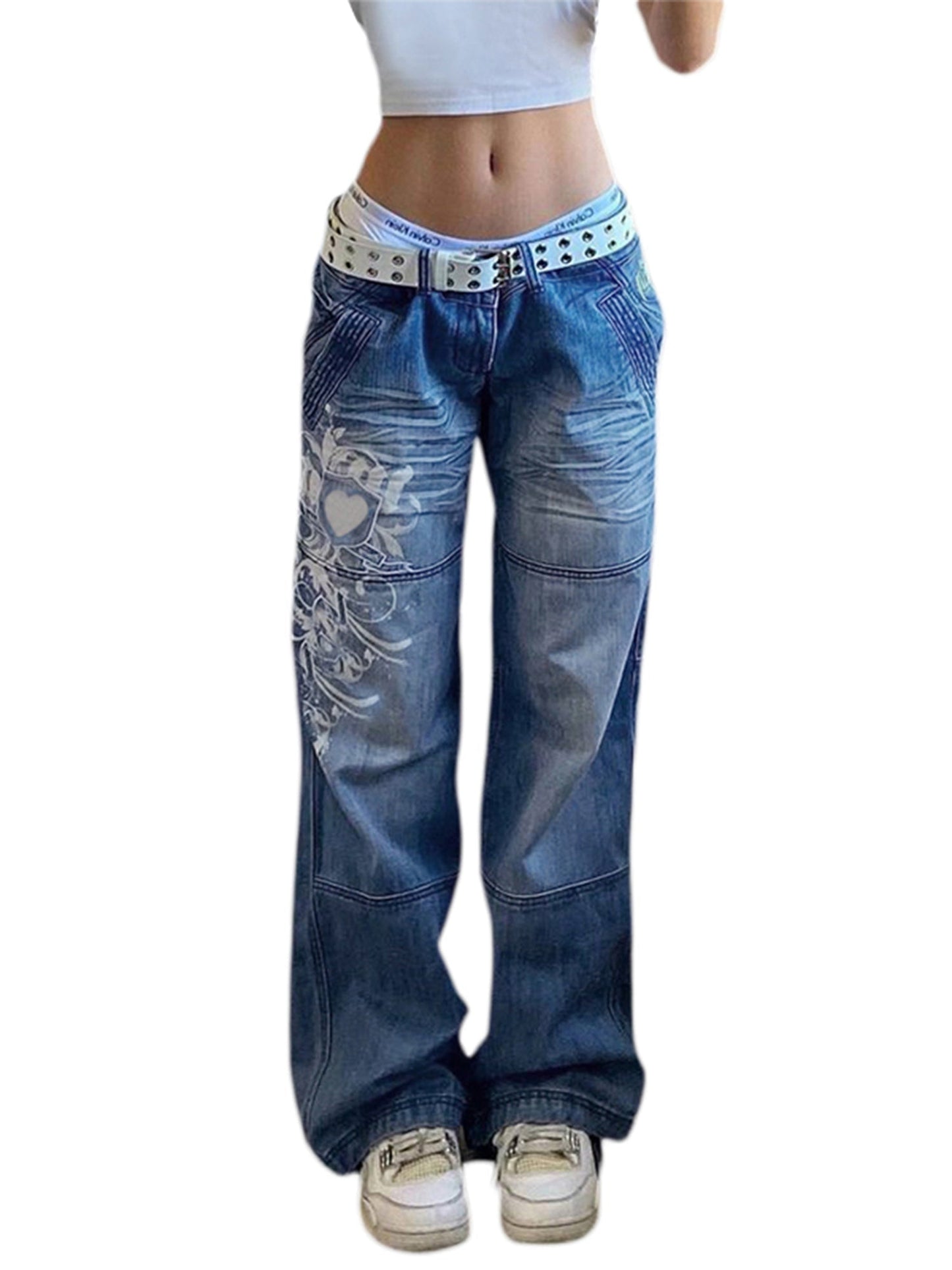 Swirl Heart Print Faded Baggy Jeans