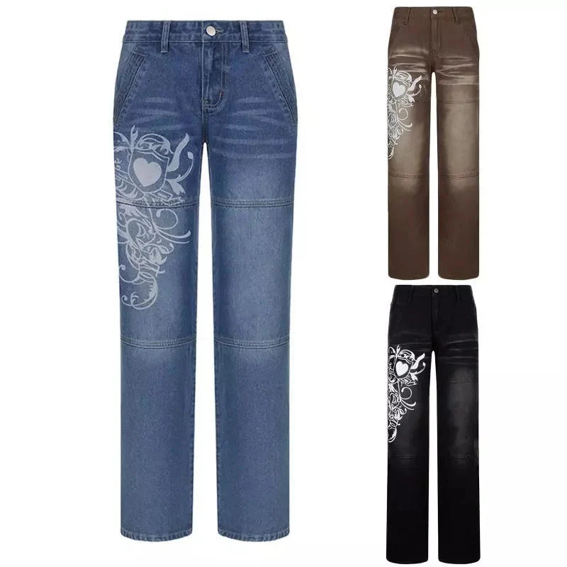 Swirl Heart Print Faded Baggy Jeans