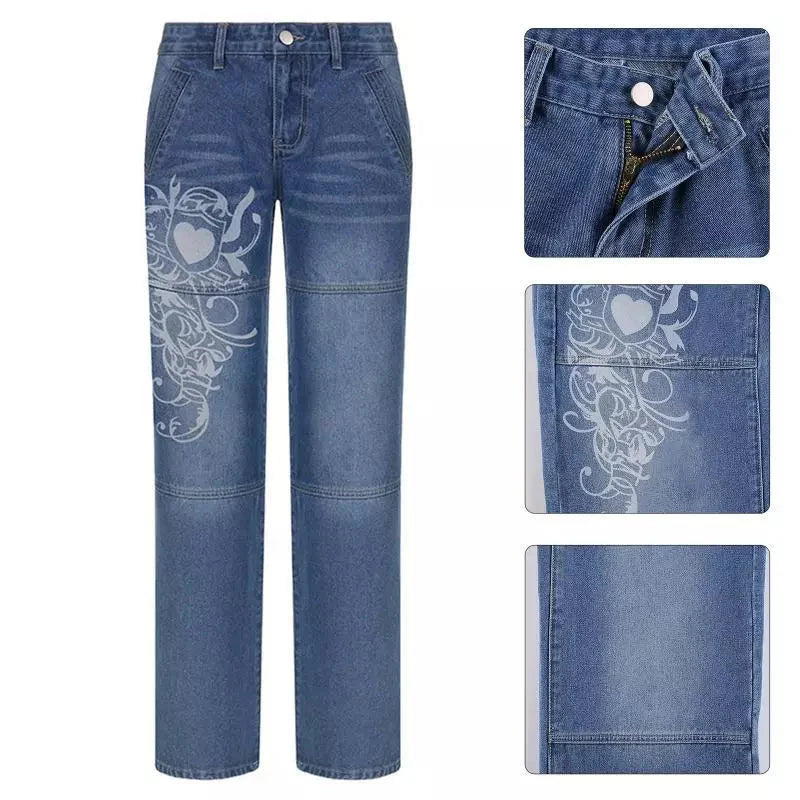 Swirl Heart Print Faded Baggy Jeans