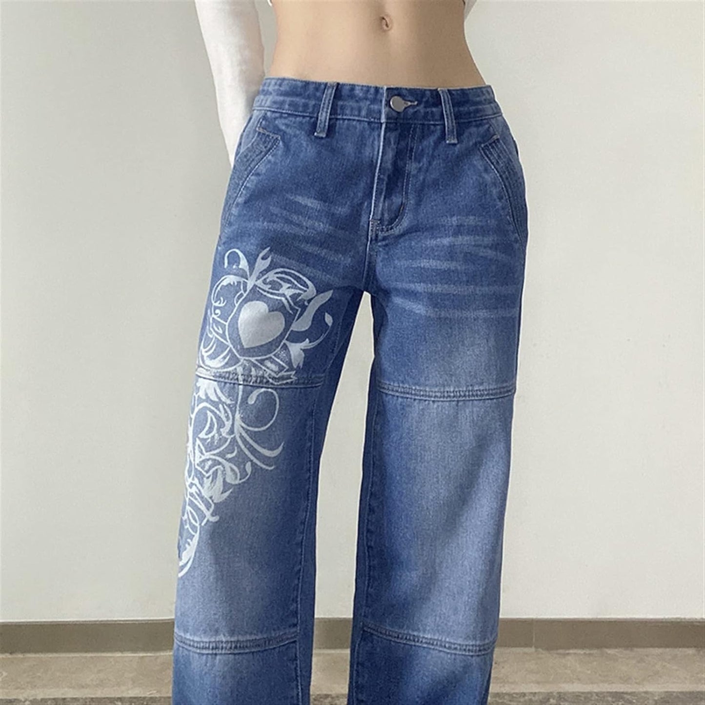 Swirl Heart Print Faded Baggy Jeans