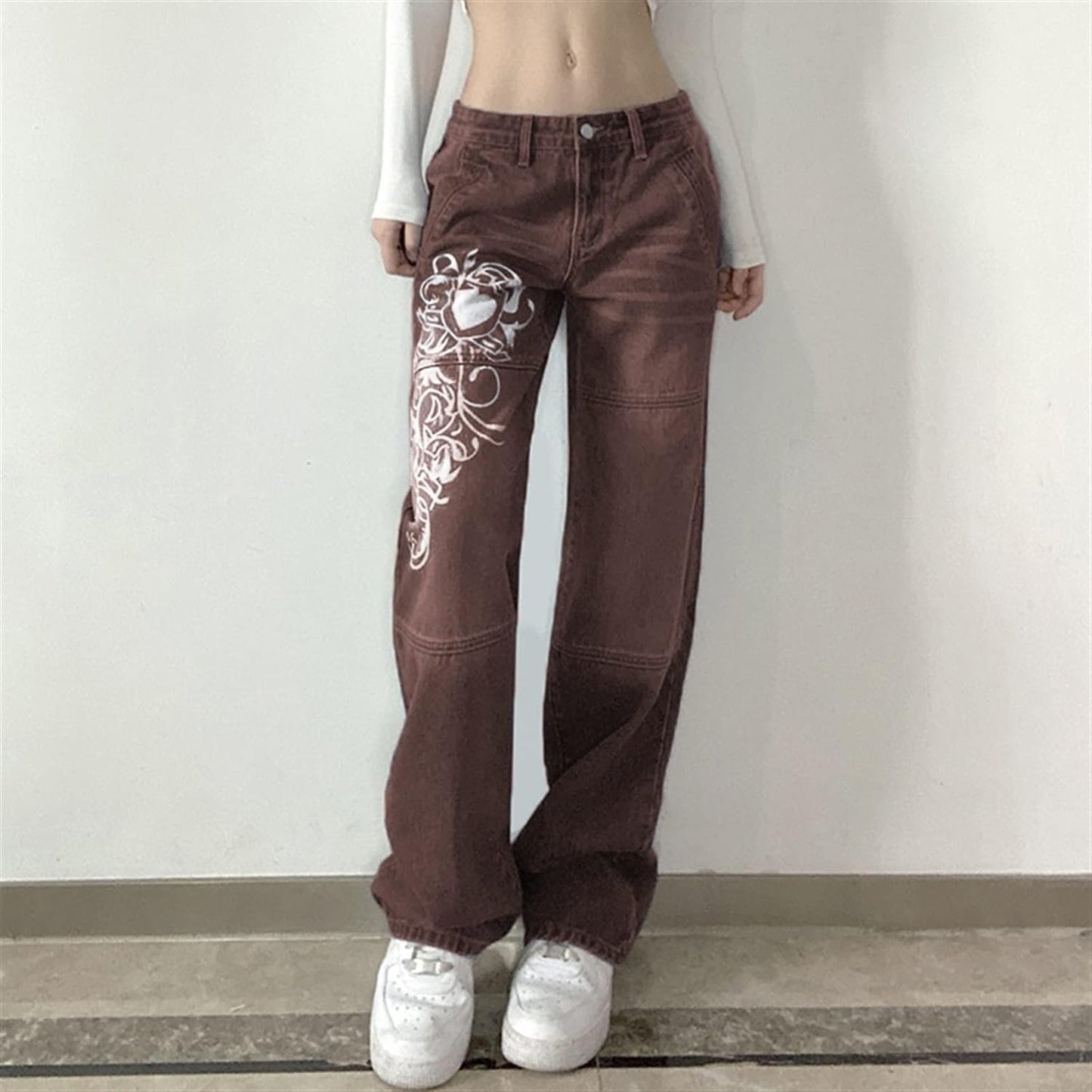 Swirl Heart Print Faded Baggy Jeans