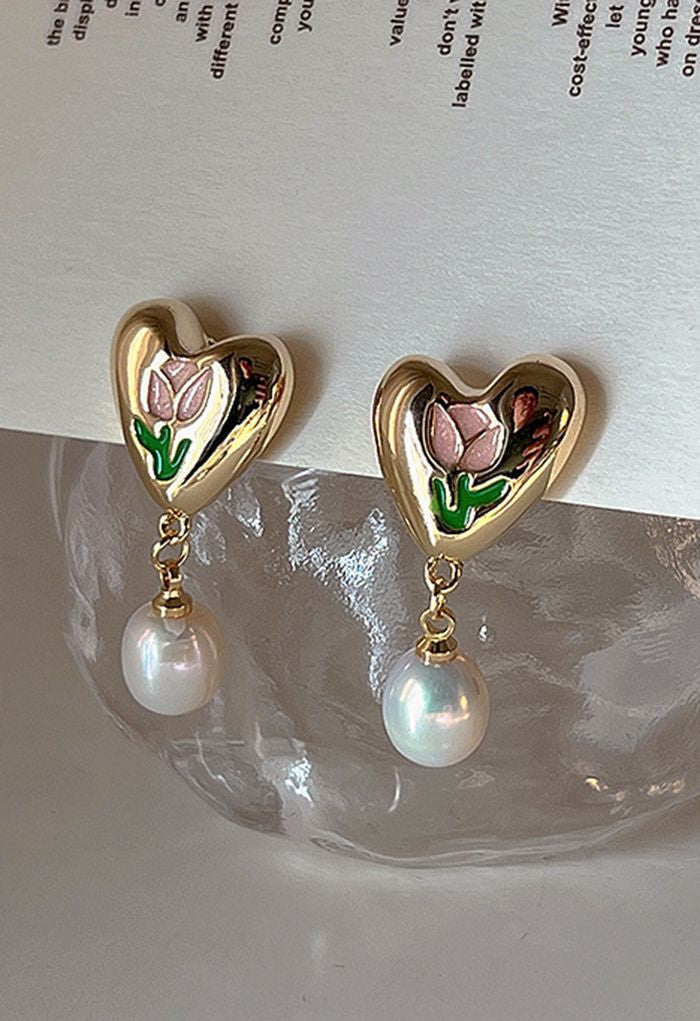 Tulip Heart Pearl Earrings