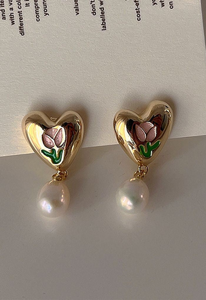 Tulip Heart Pearl Earrings