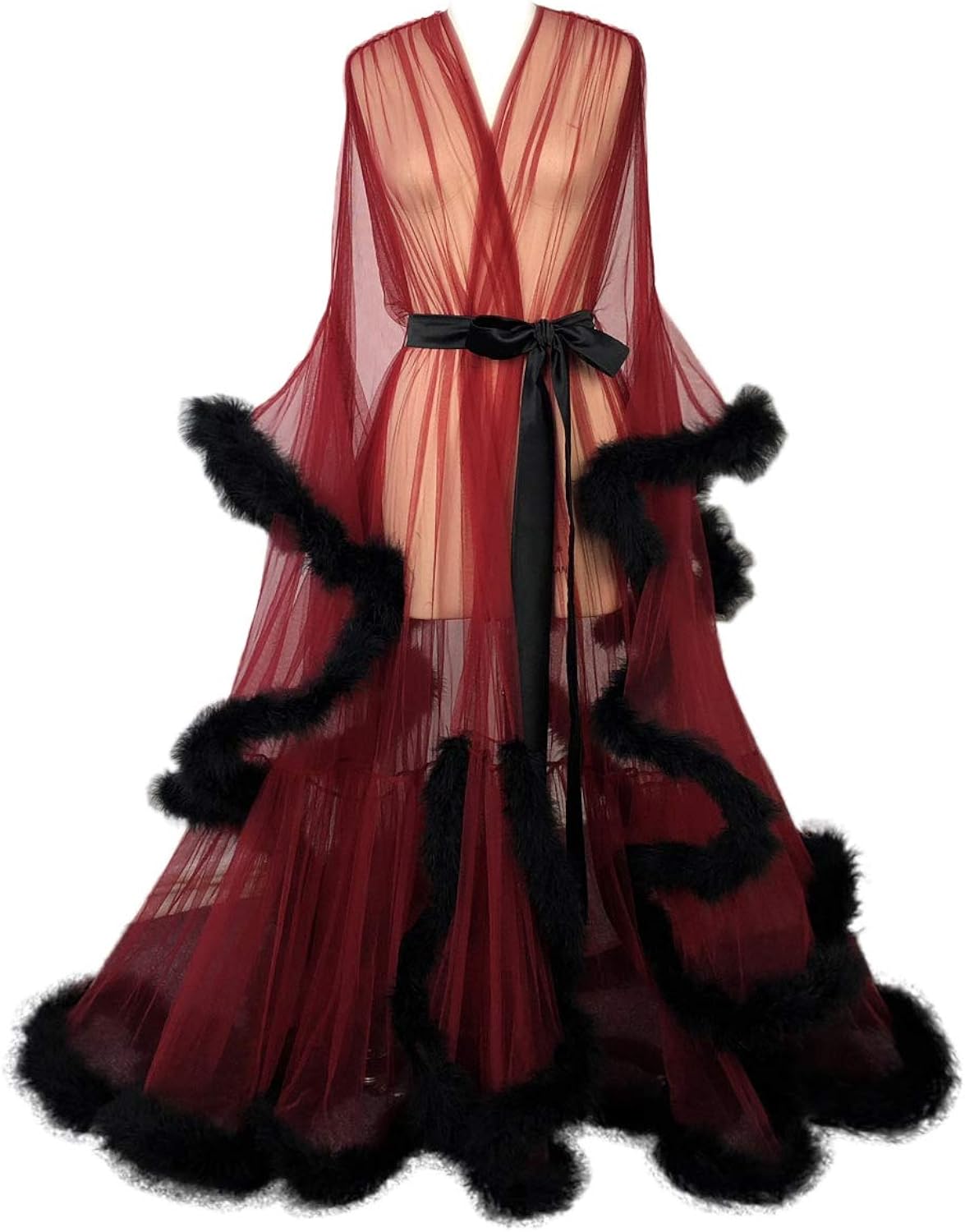 Tulle Illusion Fur Trim Floor Length Robe