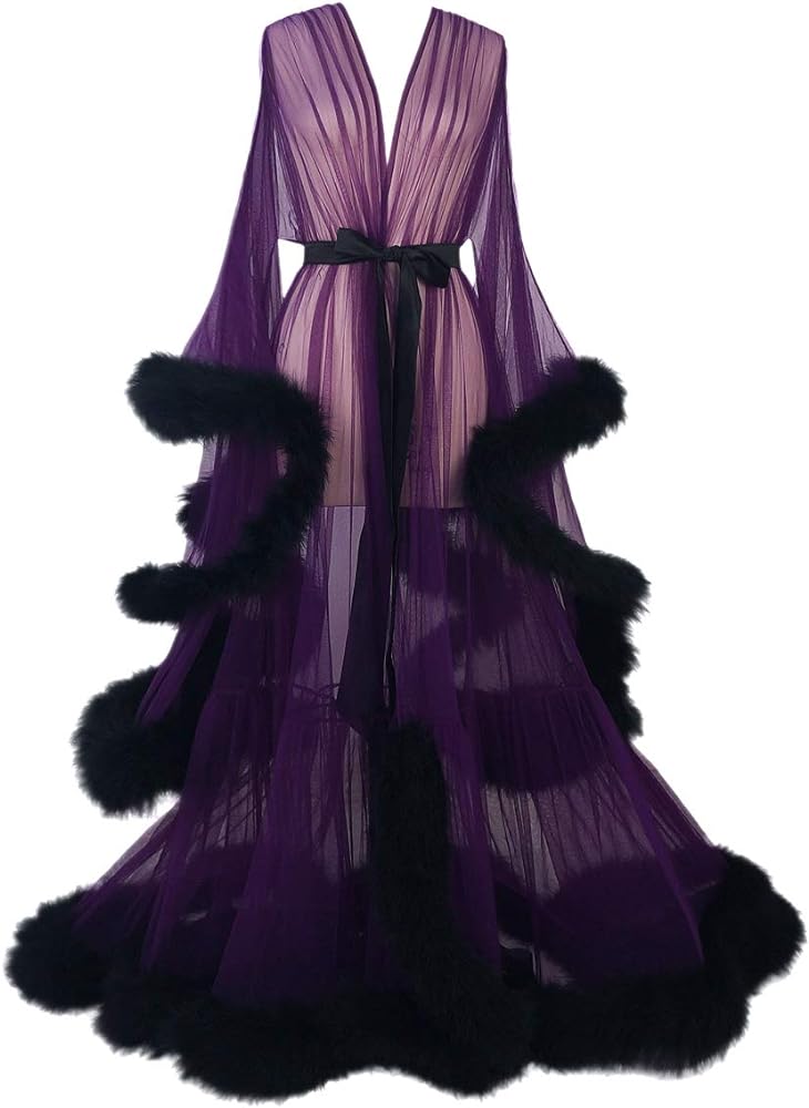 Tulle Illusion Fur Trim Floor Length Robe