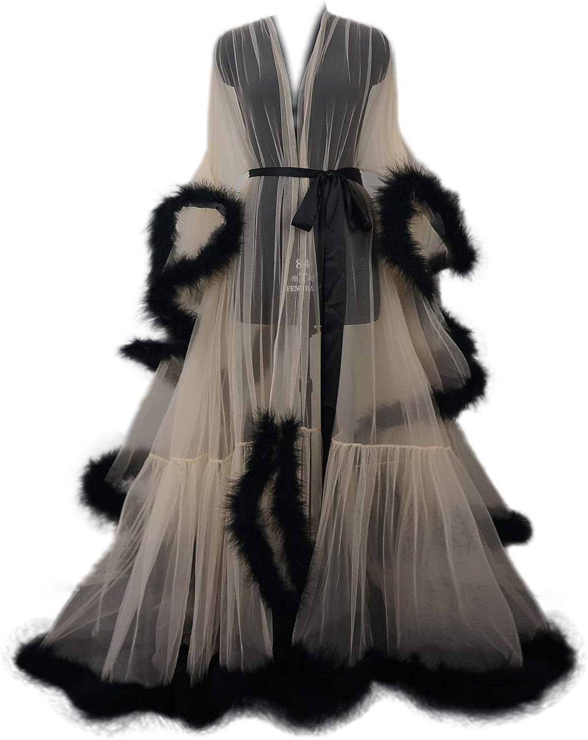 Tulle Illusion Fur Trim Floor Length Robe