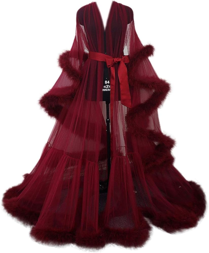 Tulle Illusion Fur Trim Floor Length Robe