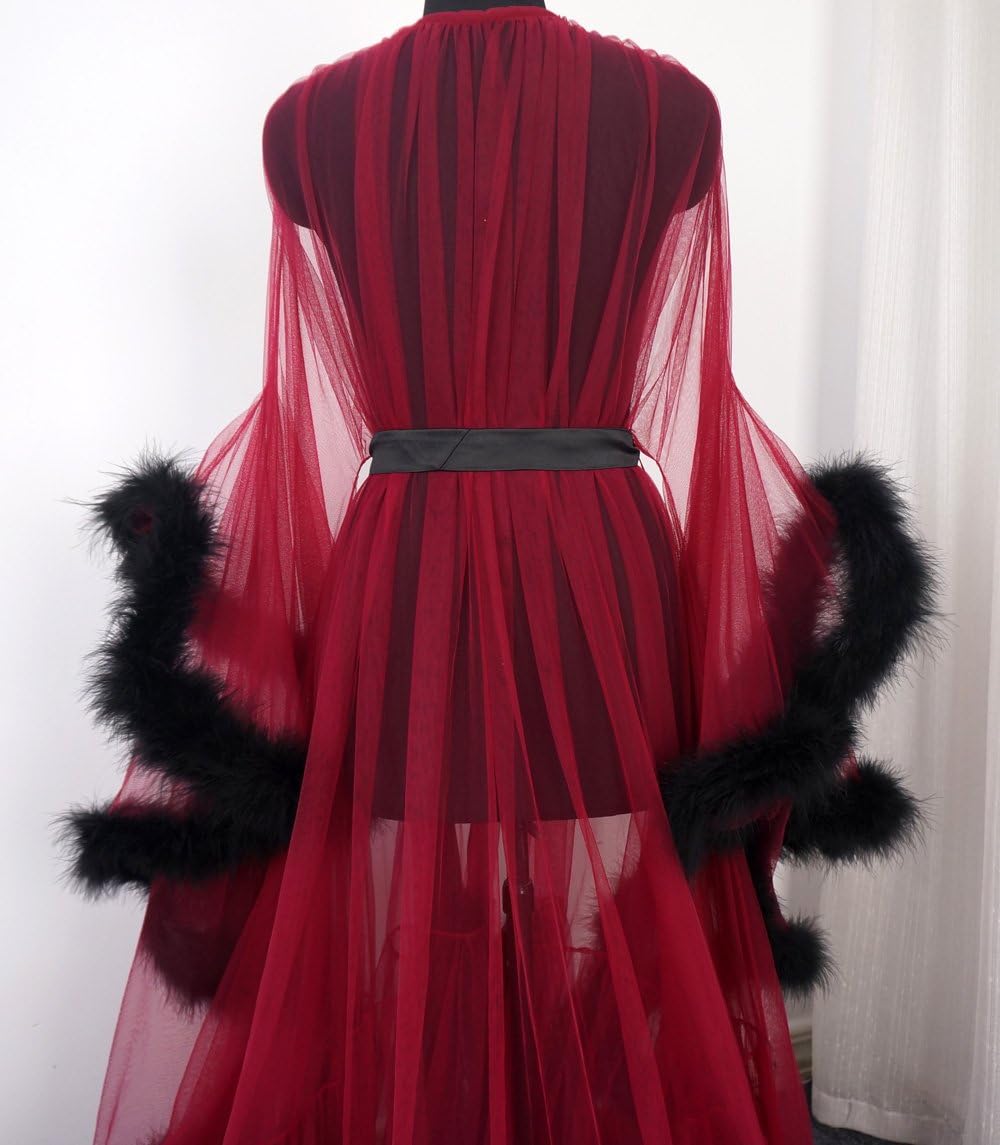 Tulle Illusion Fur Trim Floor Length Robe