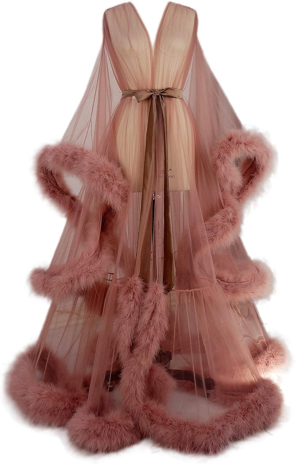 Tulle Illusion Fur Trim Floor Length Robe