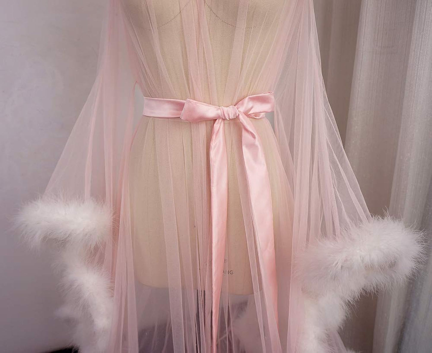 Tulle Illusion Fur Trim Floor Length Robe