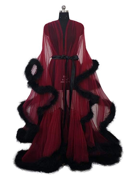 Tulle Illusion Fur Trim Floor Length Robe