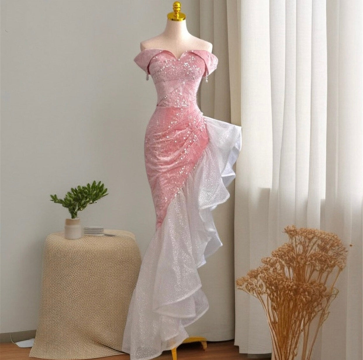 Tulle Off Shoulder Pearls Mermaid Dress