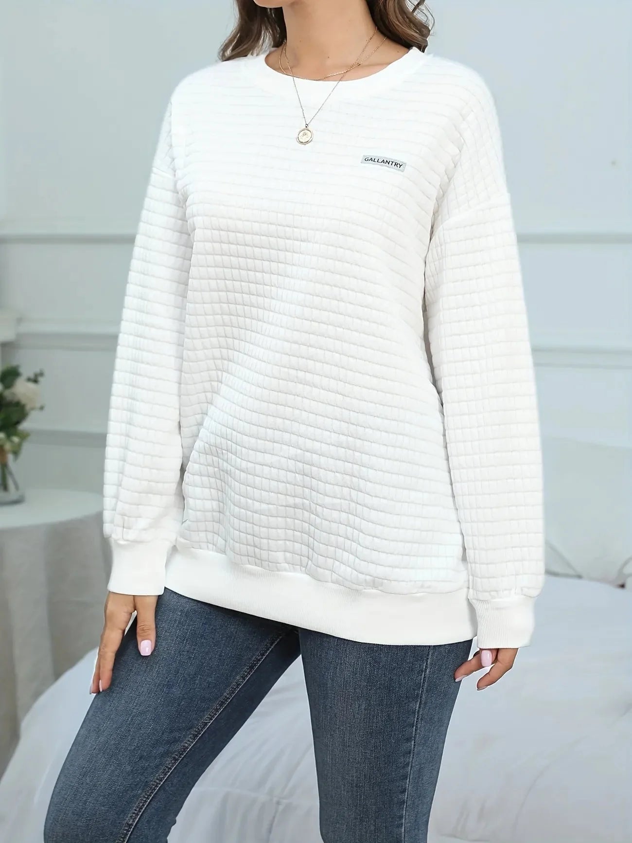 Waffle Loose Crew Neck Casual Sweatshirt