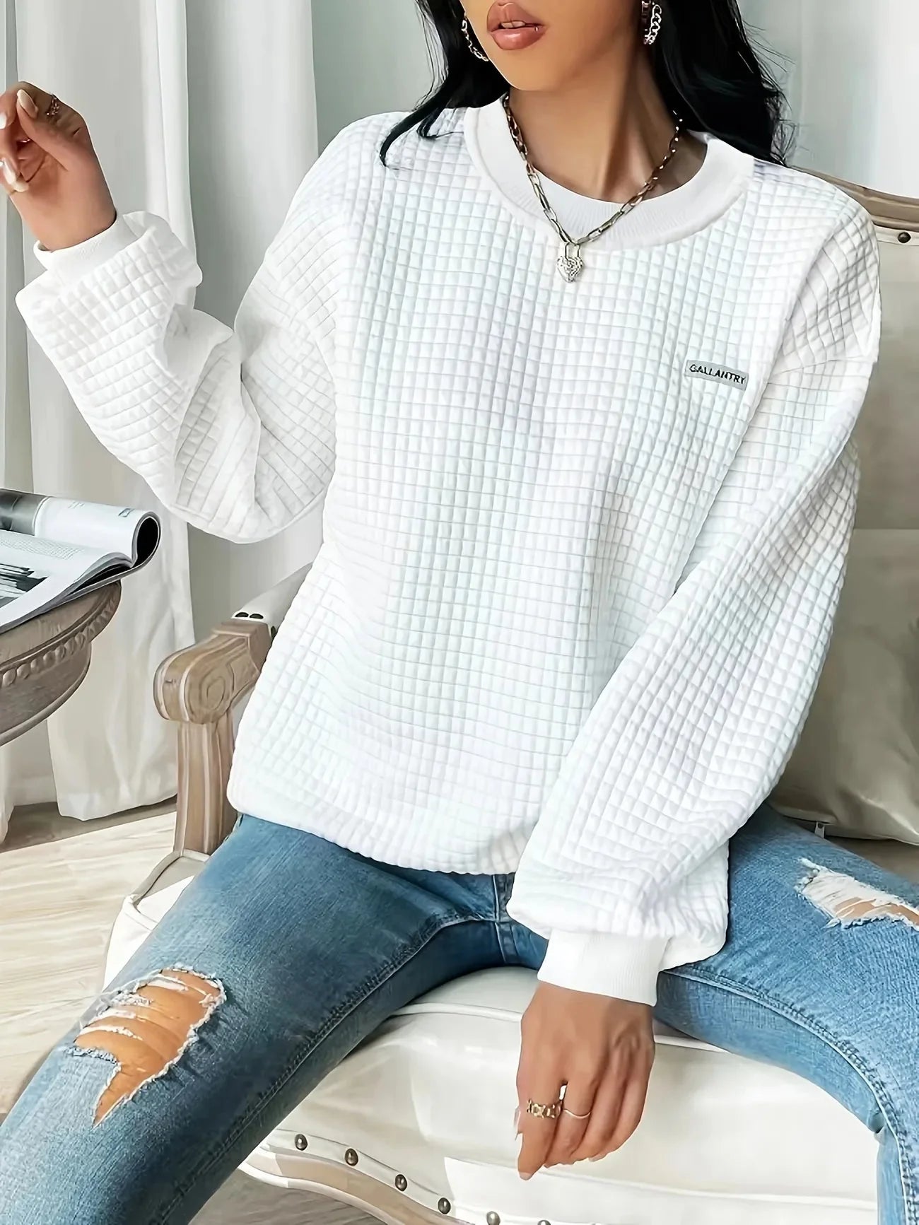 Waffle Loose Crew Neck Casual Sweatshirt