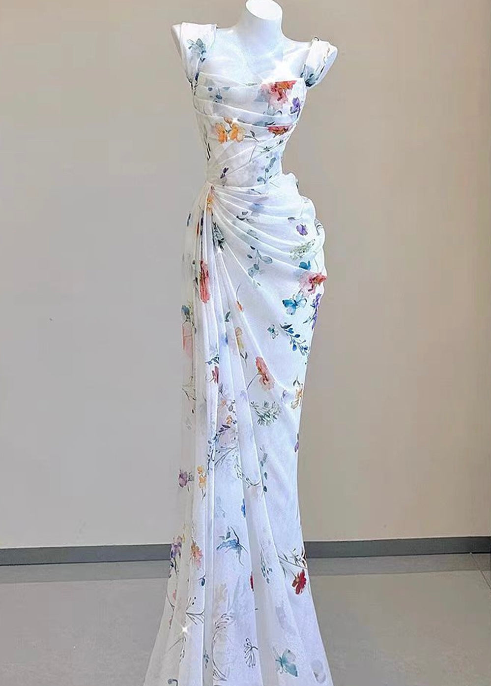 Water Flower Draped Maxi Dress