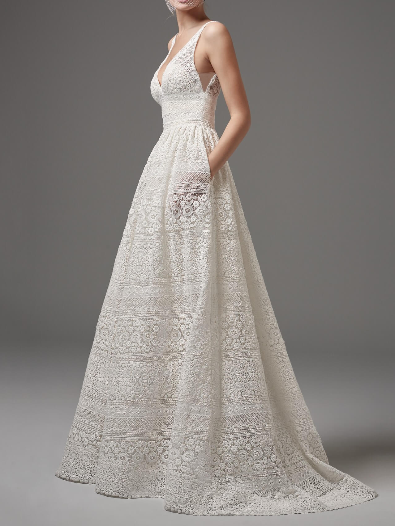 White Eyelet Lace V-Neck Wedding Dress