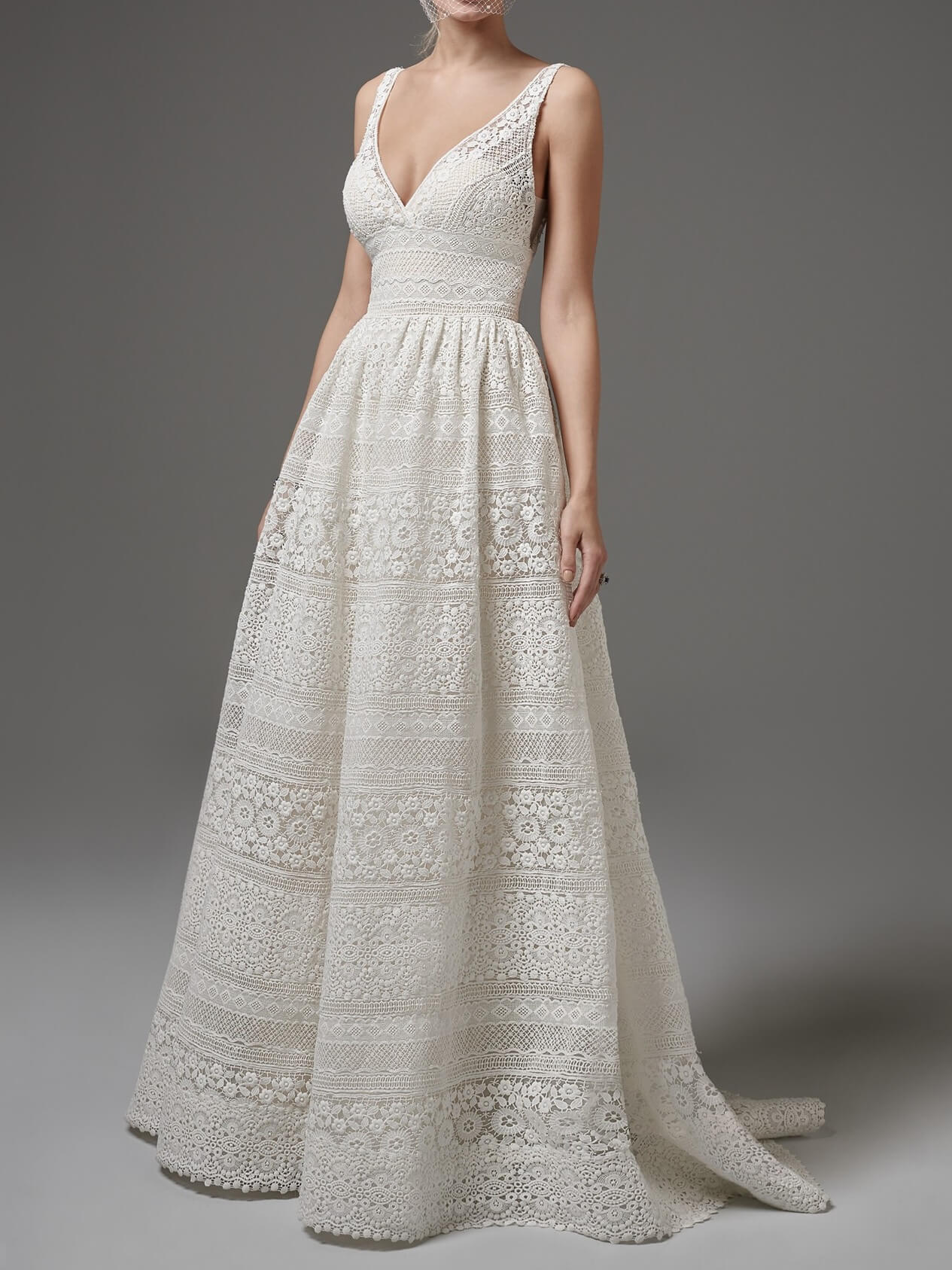 White Eyelet Lace V-Neck Wedding Dress