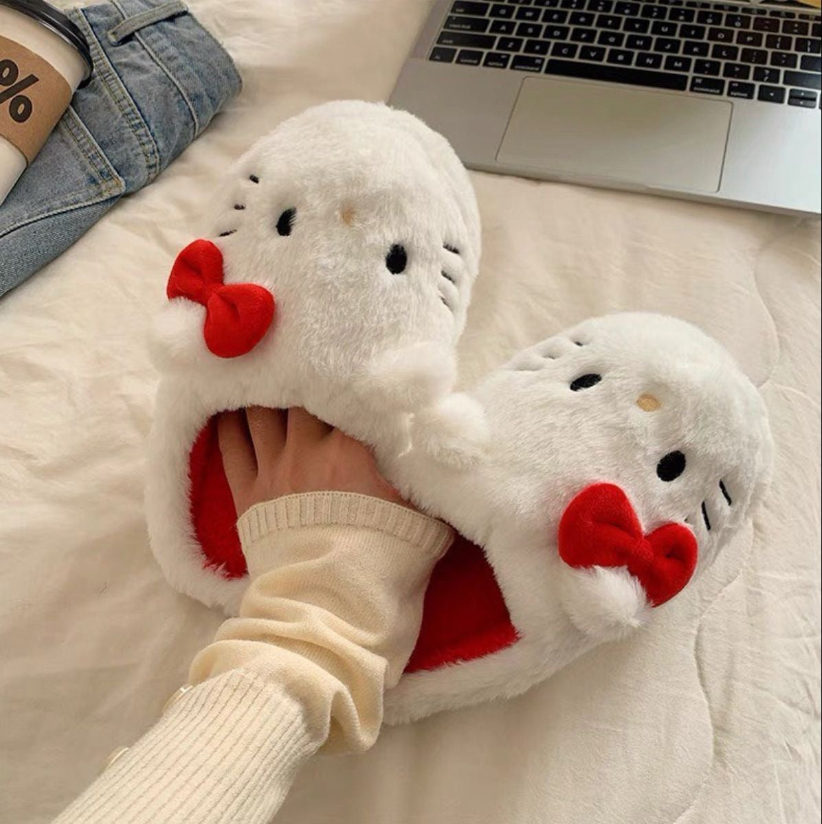 White Hello Kitty Plush Slippers