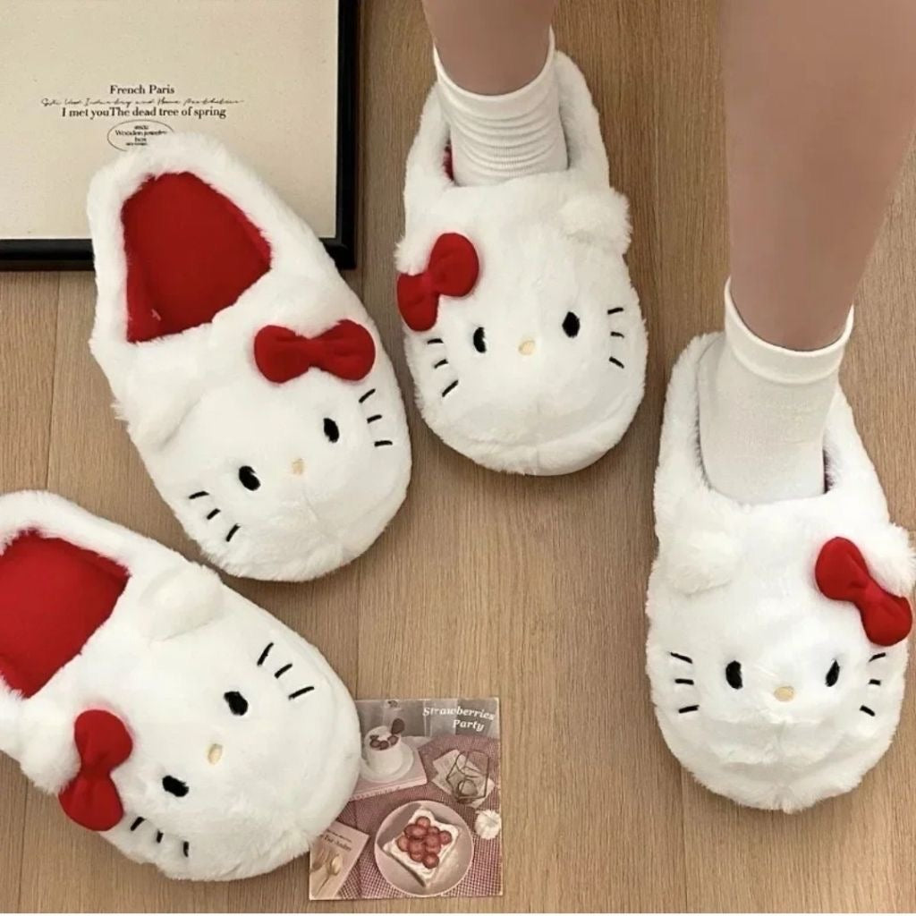 White Hello Kitty Plush Slippers