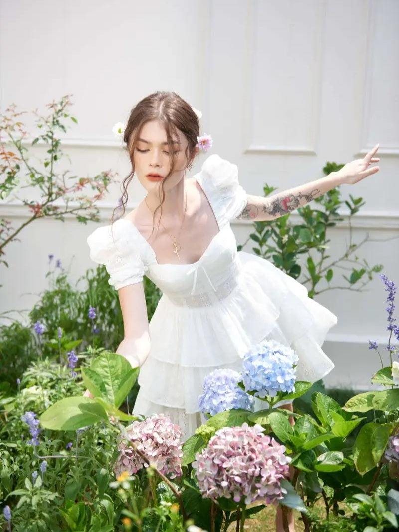 White Lace Bowknot Puff Sleeve Tiered Dress