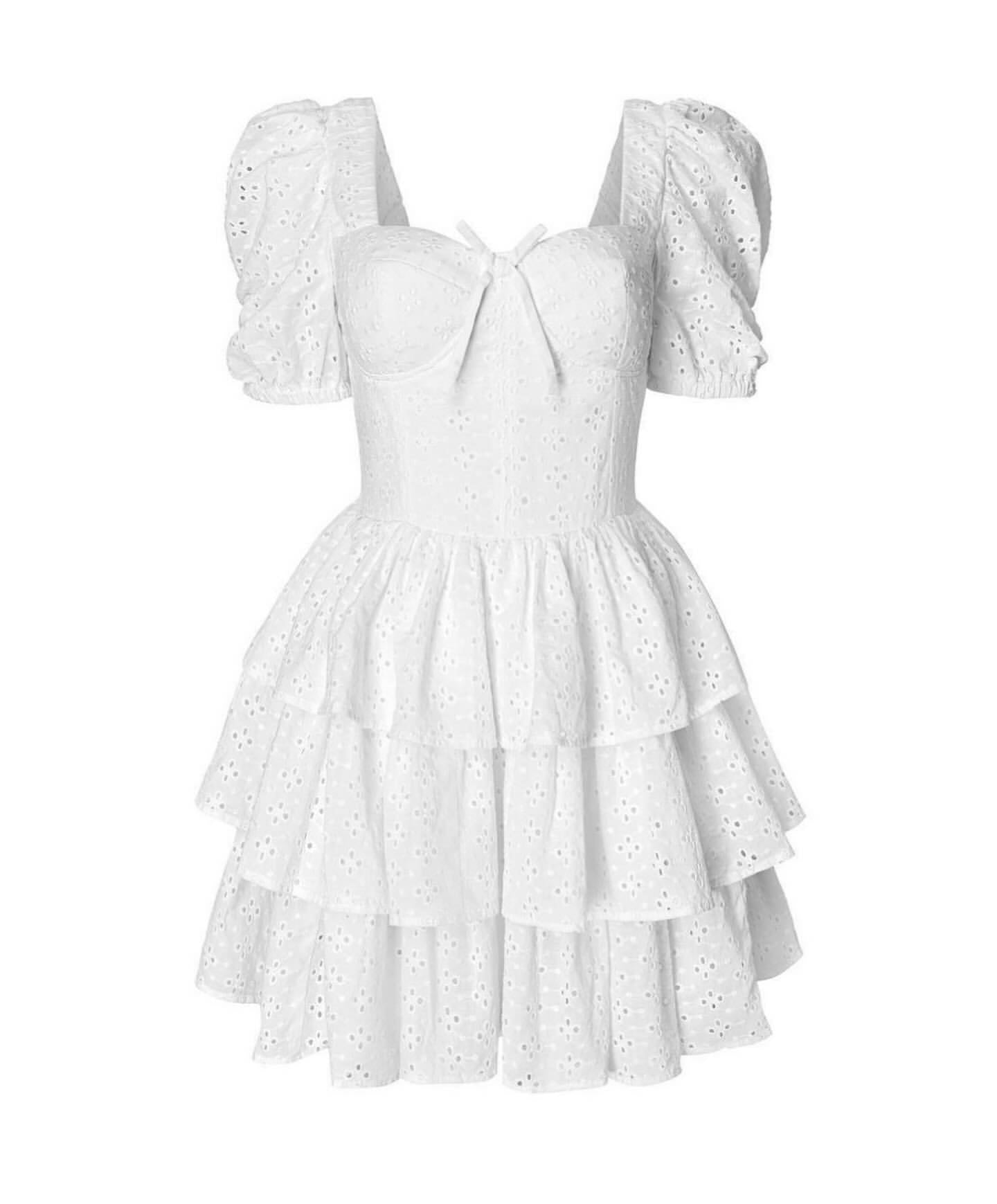 White Lace Bowknot Puff Sleeve Tiered Dress