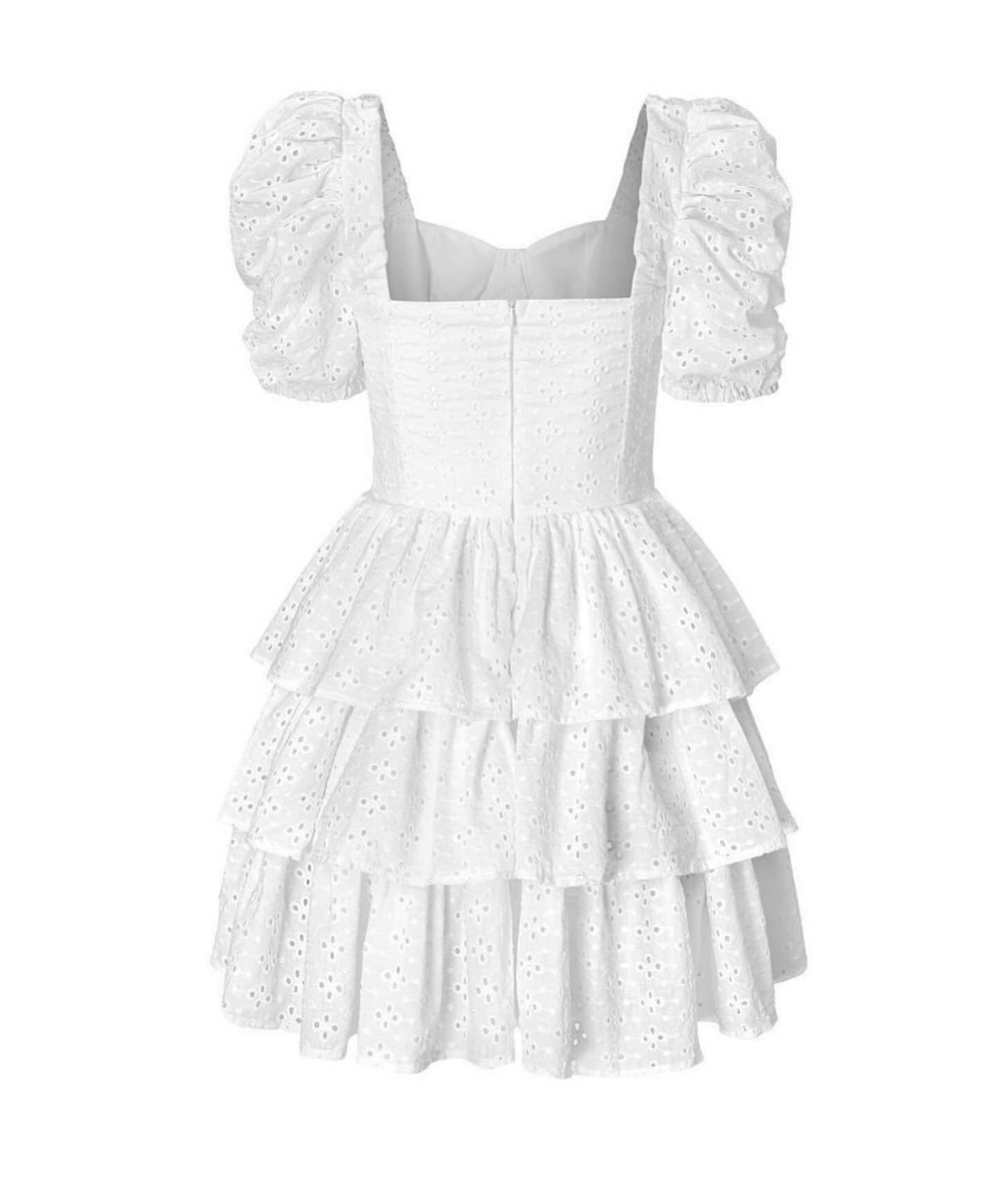 White Lace Bowknot Puff Sleeve Tiered Dress