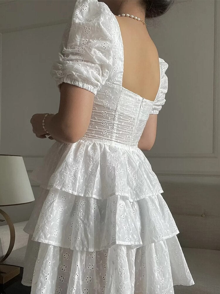 White Lace Bowknot Puff Sleeve Tiered Dress