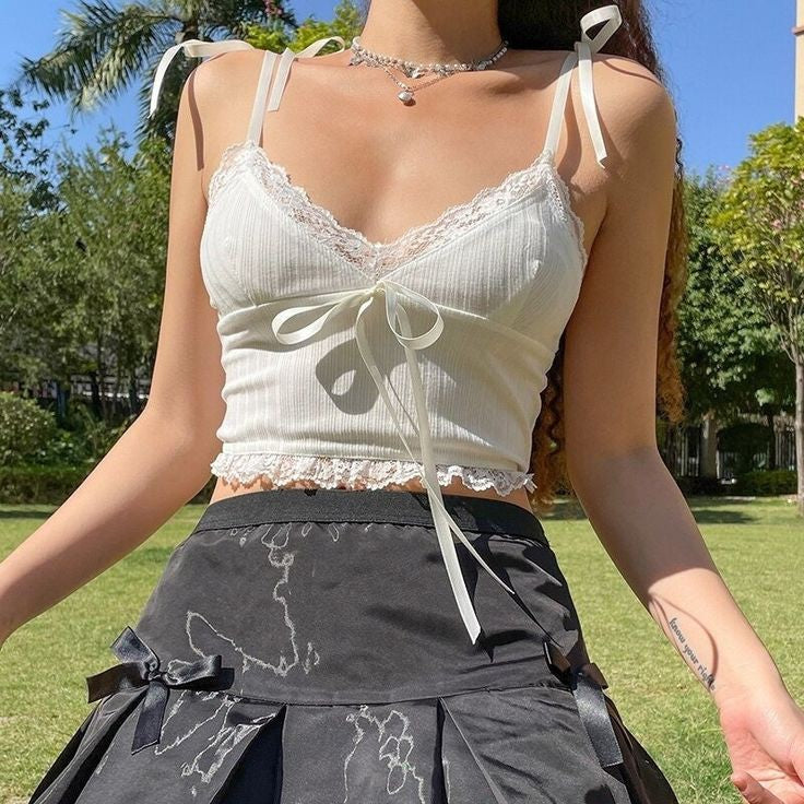 White Lace Knot Trim Camisole Crop Top