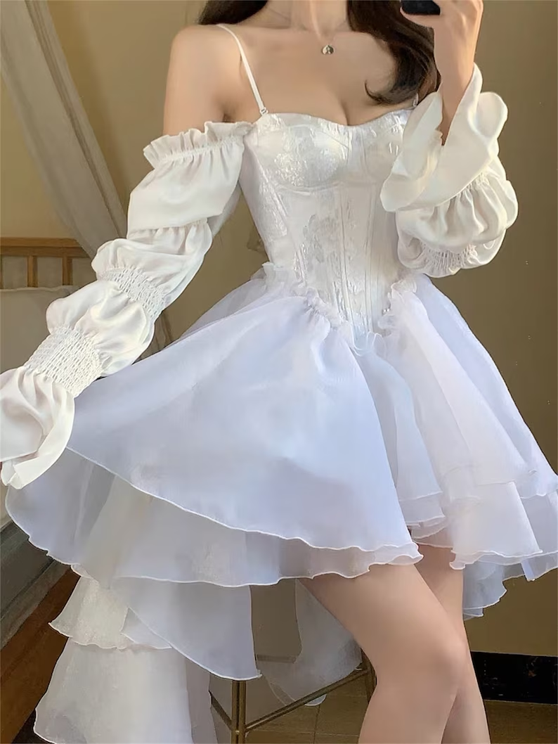 White Marie Sleeves Asymmetric Layered Lolita Dress