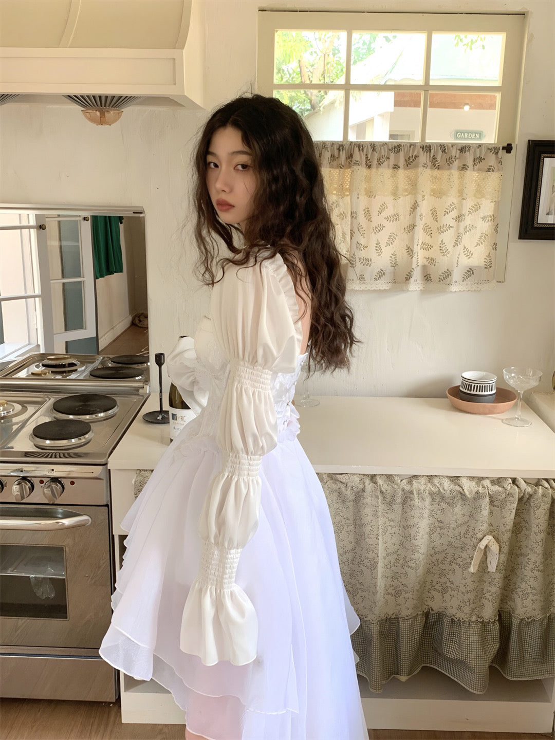 White Marie Sleeves Asymmetric Layered Lolita Dress